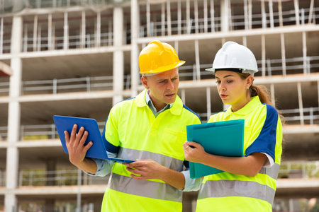 Man and woman engineers in construction site