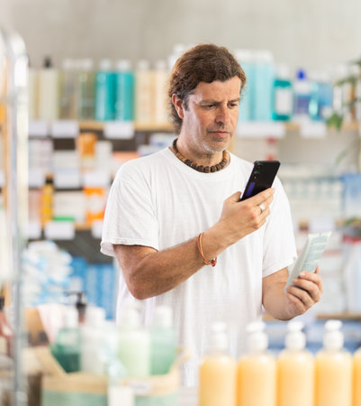 Adult man scanning qr code of creamの写真素材