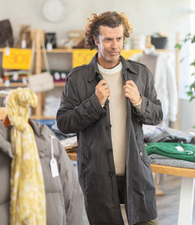 Man search and choose beige raincoat in storeの写真素材