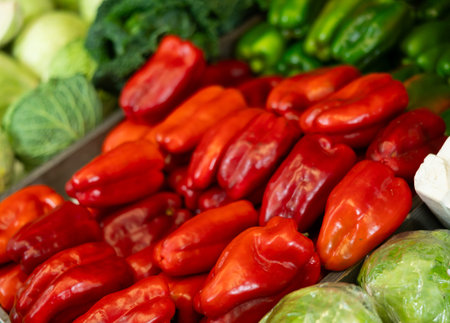 Red bell peppers in shop window