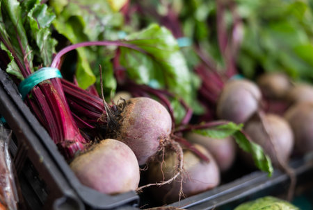 Beet for sale on market counter. Vegetarian food concept