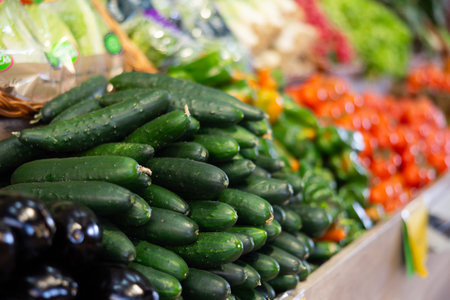 Cucumbers in shop windowの写真素材