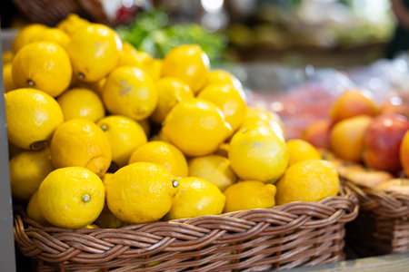 Lemons in shop windowの写真素材