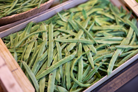 Green kidney beans in shop windowの写真素材