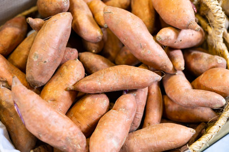 Sweet potato tubers for sale on market counter. Vegetarian food conceptの写真素材
