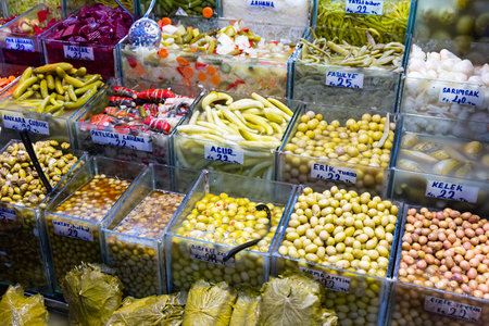 Pickled vegetables marinades at the turkish marketの写真素材