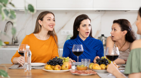 Cheerful besties drinking wine and chatting during home gatheringの写真素材