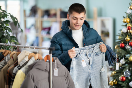 Guy shopper chooses fashionable jeans in clothing store before Christmasの写真素材