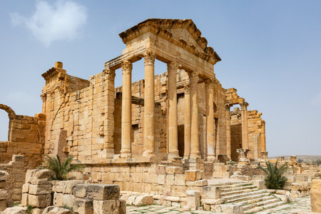 Ruins of ancient Roman capitol on territory of antic city Sufetula in area of modern Tunisiaの写真素材