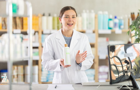 Young female pharmacist offering shampooの写真素材