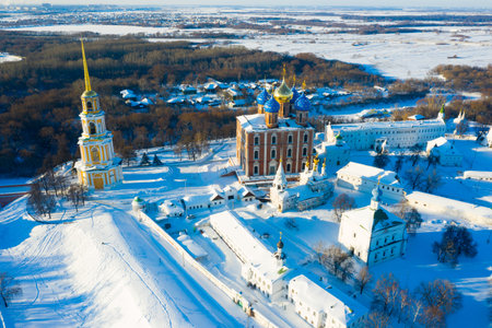 View from drone of Ryazan Kremlin on winter day, Russia