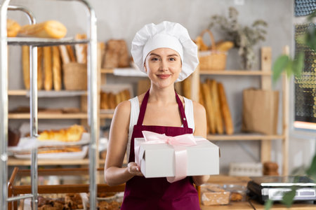 Young female seller with box of pastriesの写真素材