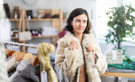 Adult woman trying on fur coat in storeの写真素材