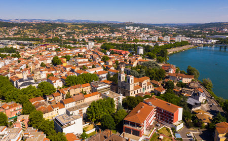 View from drone of Givors summer cityscape on Rhone river, Franceの写真素材