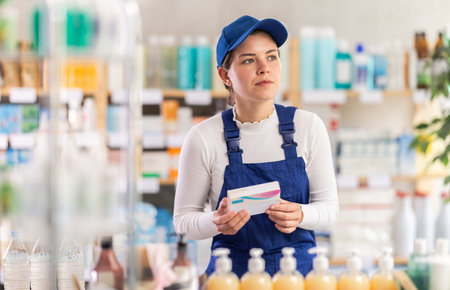 Young woman worker chooses pills at pharmacy