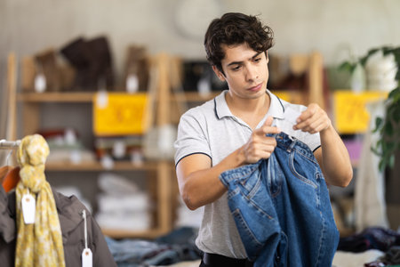 In chain shop, young man choose jeansの写真素材