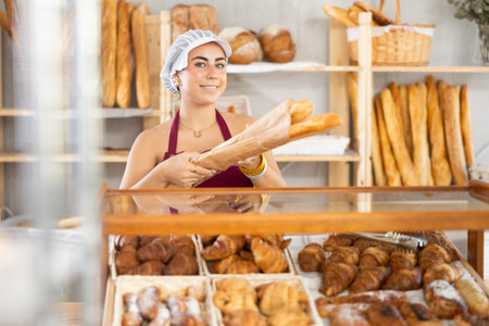 Young saleswoman holds out baguettes in paper bag in bakery