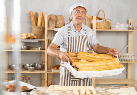 Smiling older baker holding tray of golden baguettes