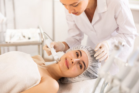 Young woman cosmetologist doing microcurrent procedure to young woman