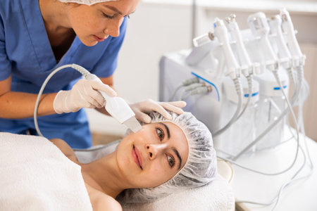 Young woman undergoing facial cleansing procedure using ultrasonic shovel