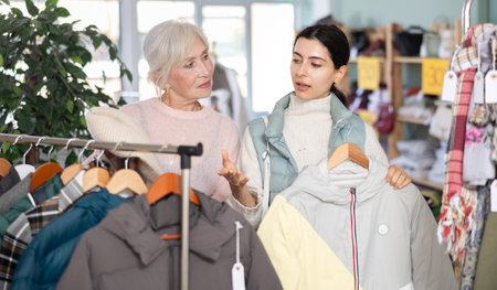 Two interested young and mature women standing in clothing shop and looking new coat or jacketの写真素材