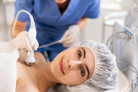Young woman undergoing ultrasound cosmetic treatment on chest and neck area