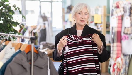 Mature woman select fashionable sweater in clothing storeの写真素材