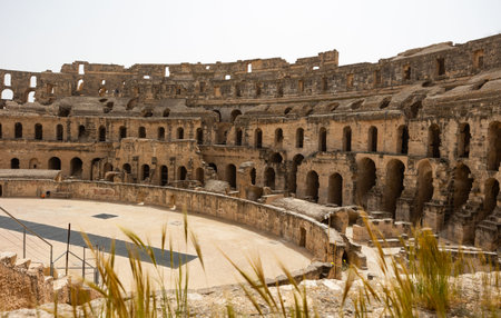 Arches in the exterior walls of Roman amphitheatre in El Jem, Tunisiaの写真素材