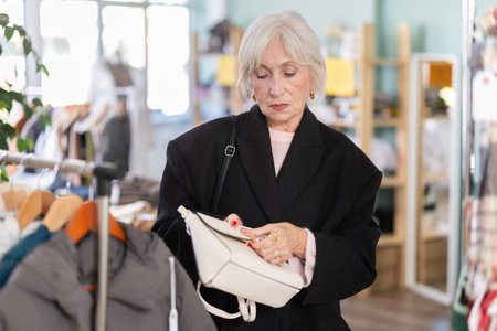 Happy aged lady customer standing in interior of clothing boutique and choosing fashionable handbagの写真素材