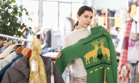 Interested young girl buyer standing in clothing market and carefully examines selection of sweaters on sale of winter clothing collectionの写真素材
