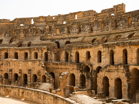 Stone walls with arched passageways of El Jem Amphitheatre, Tunisiaの写真素材