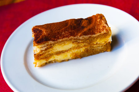Slice of fresh tiramisu cake on white plate
