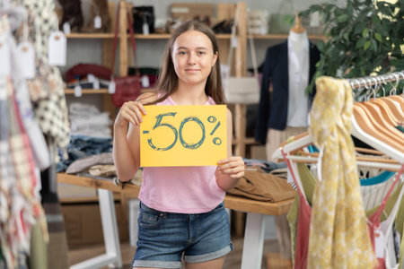 Teenage girl holding discount sign in clothing store