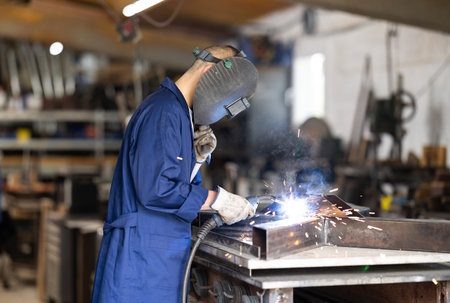 Male welder standing with a welding semi-automatic machine and a safety helmet in metal machining...