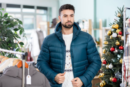 In store, man try on down jacket, X mas shoppingの写真素材