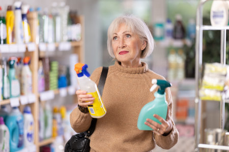 Elderly female shopper carefully selects a spray glass cleaner for windows in homeの写真素材