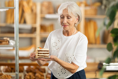 Pleased mature woman holding pastry on paper plate in bakeryの写真素材