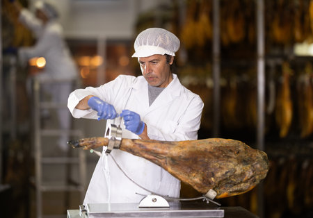 Male worker places jamon on jamonero to cut it into appetizing piecesの写真素材