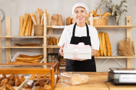 Portrait of helpful female baker holding gift box of fresh baked goods in interior of bakeryの写真素材