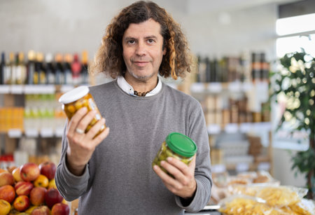 Male shopper choosing canned green olives in supermarketの写真素材