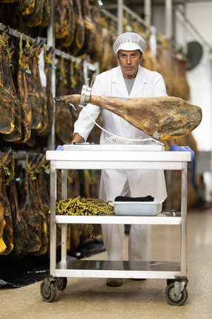 Man presenting jamon on jamonero. Food factory producing high quality hamの写真素材
