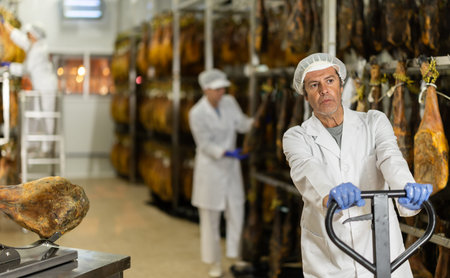 man factory worker prepares to load jamon onto a pallet truckの写真素材