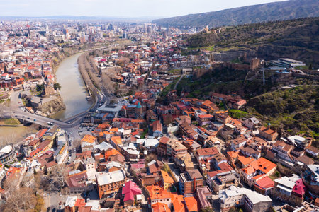 Aerial view of historic center of Tbilisi on Mtkvari River in springの写真素材