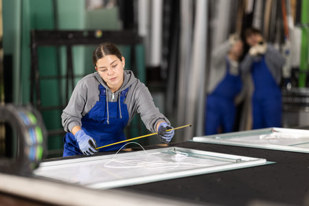 Young woman employee in blue overall measures given length of plastic materialの写真素材