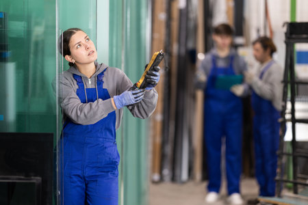 Young woman measuring sheet of glass with device