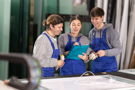 Girl and two male glazier employees with documents speaking and advising in workshop