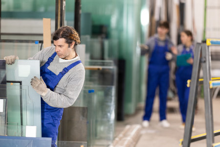 Man glazer employee in blue overall works in glass processing shopの写真素材