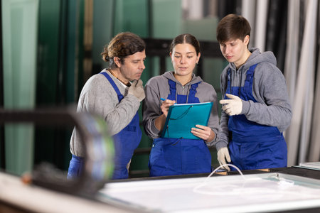 Two men and woman with folder discuss work at glass factory