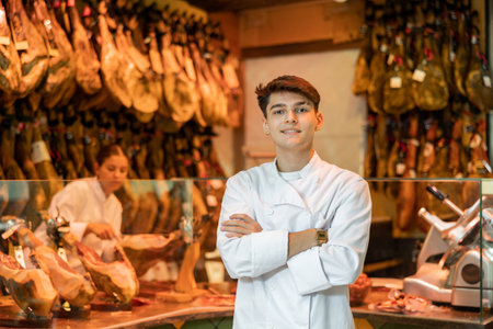 Portrait of positive man jamon sellerの写真素材