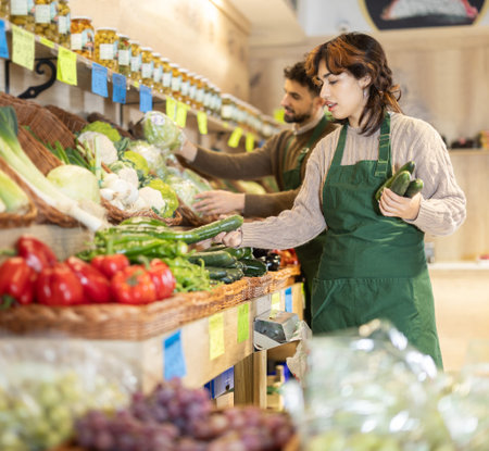 Young female seller putting cucumbers on counter in grocery marketの写真素材